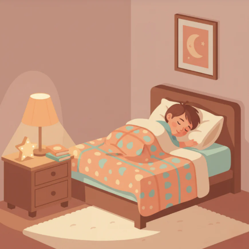Child sleeping peacefully in bed with a soft blanket in a cozy, dimly lit bedroom.