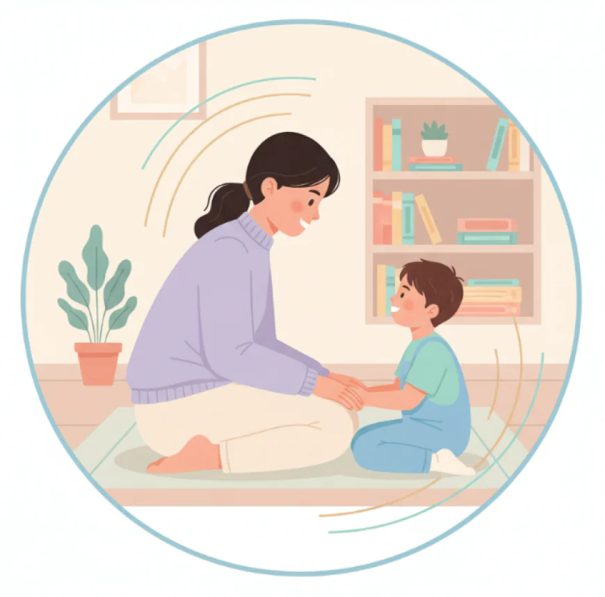 Parent calmly talking to a child at eye level, both smiling, showing respect and positive discipline.