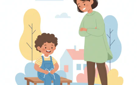 Child tying their shoelaces independently while a parent watches proudly, symbolizing confidence and self-reliance.