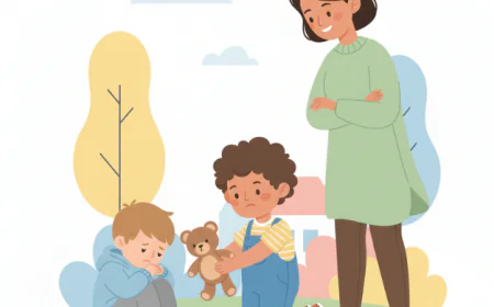 Child offering a toy to another sad child while a parent smiles nearby, symbolizing empathy and kindness.