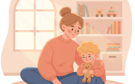 Parent sitting calmly next to an upset child, offering comfort and guidance during anger.