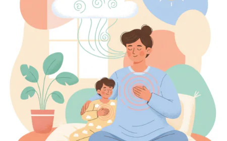 Parent helping a child calm down by breathing together, symbolizing emotional control and gentle parenting.