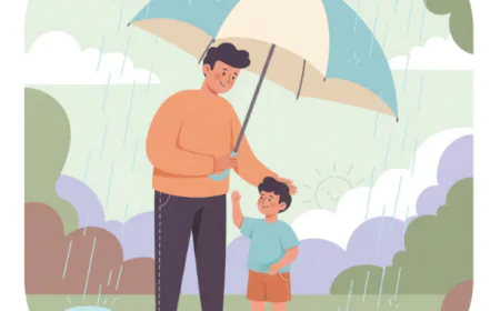 Parent holding their child under an umbrella in the rain, symbolizing emotional protection and resilience in a stressful world.