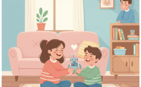 Two siblings smiling and playing together after resolving a conflict, symbolizing family connection and emotional growth.