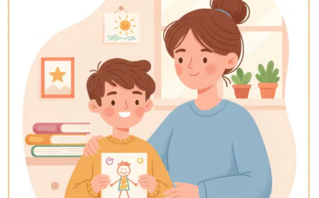 Parent supporting a confident smiling child surrounded by small achievements, symbolizing gentle confidence-building.