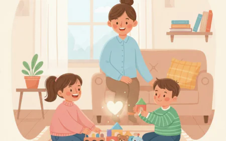 Two children playing together while a parent watches warmly, symbolizing emotional growth through play.