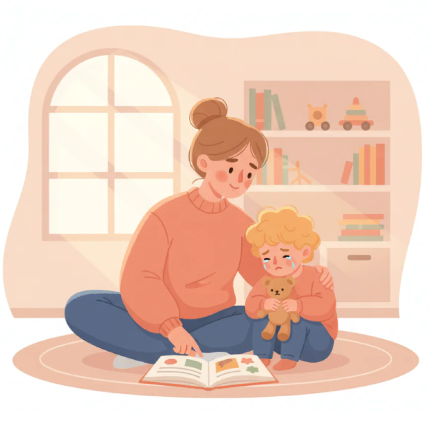 Parent sitting calmly next to an upset child, offering comfort and guidance during anger.