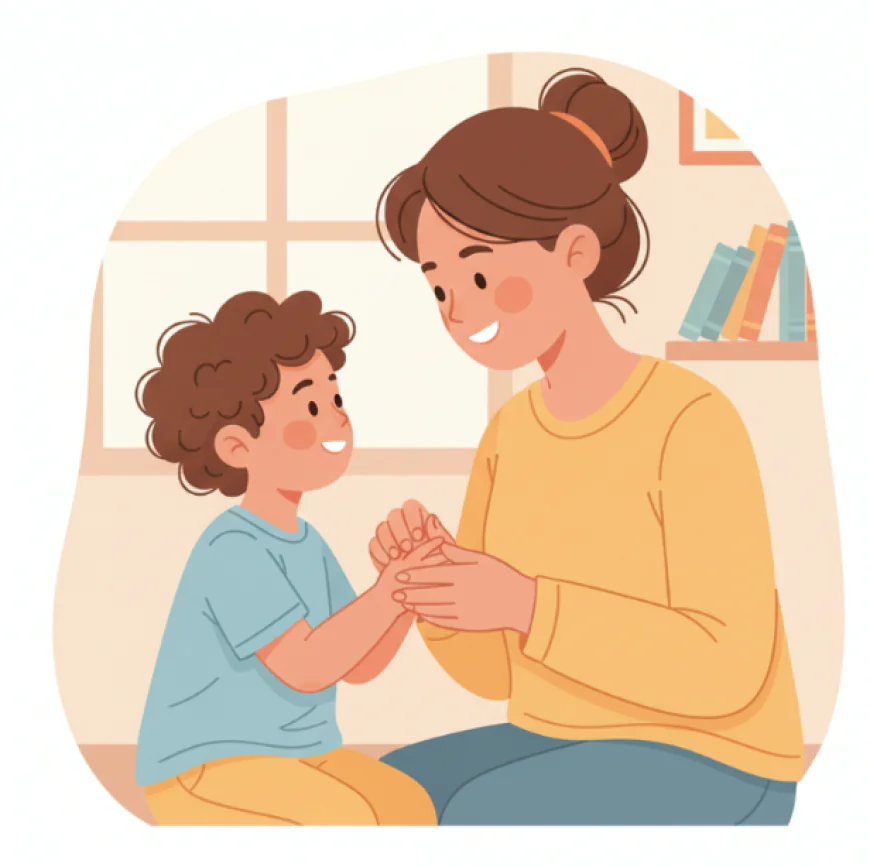 Parent gently holding a child’s hand with a warm smile, symbolizing empathy and gentle parenting.