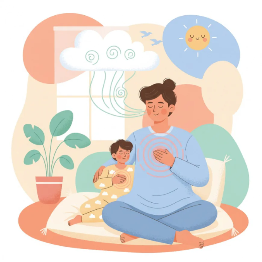 Parent helping a child calm down by breathing together, symbolizing emotional control and gentle parenting.