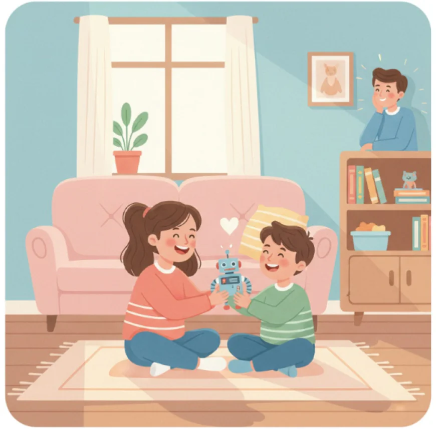 Two siblings smiling and playing together after resolving a conflict, symbolizing family connection and emotional growth.