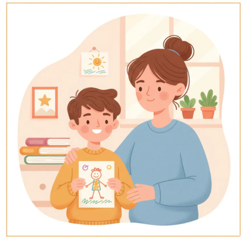 Parent supporting a confident smiling child surrounded by small achievements, symbolizing gentle confidence-building.