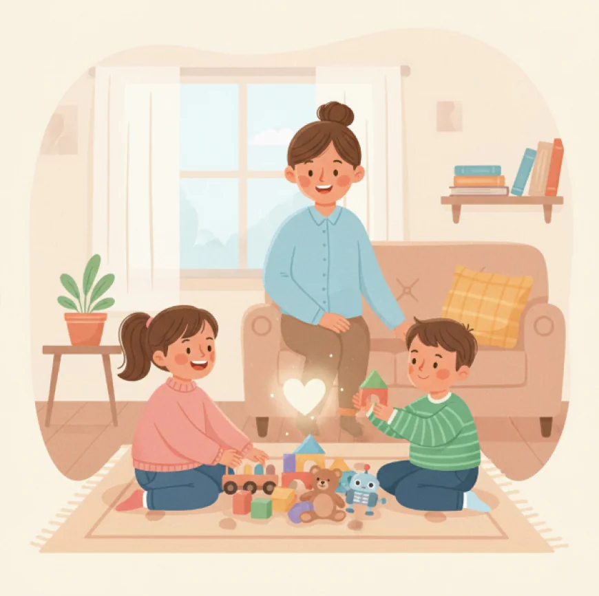 Two children playing together while a parent watches warmly, symbolizing emotional growth through play.