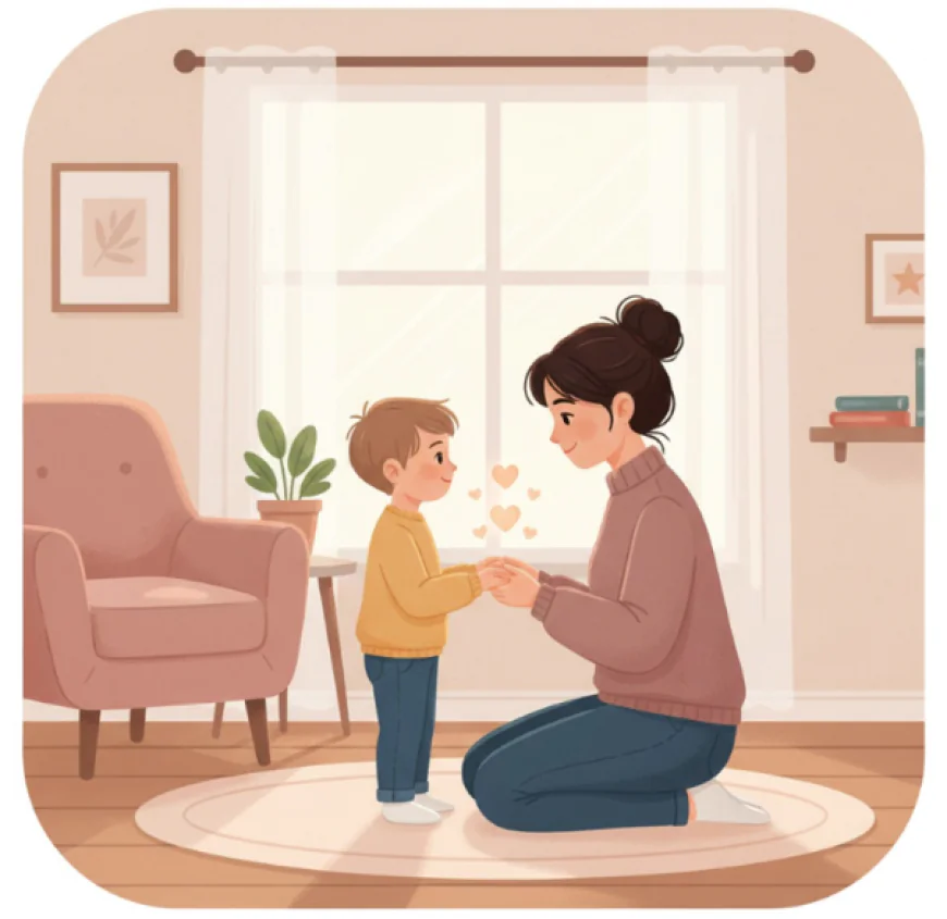 Parent and child sitting face to face, making eye contact and smiling, representing empathy and active listening.