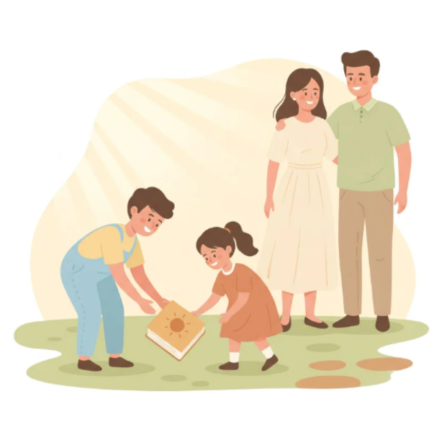 Child helping a friend pick up books while parents watch with pride, symbolizing kindness and empathy in parenting.