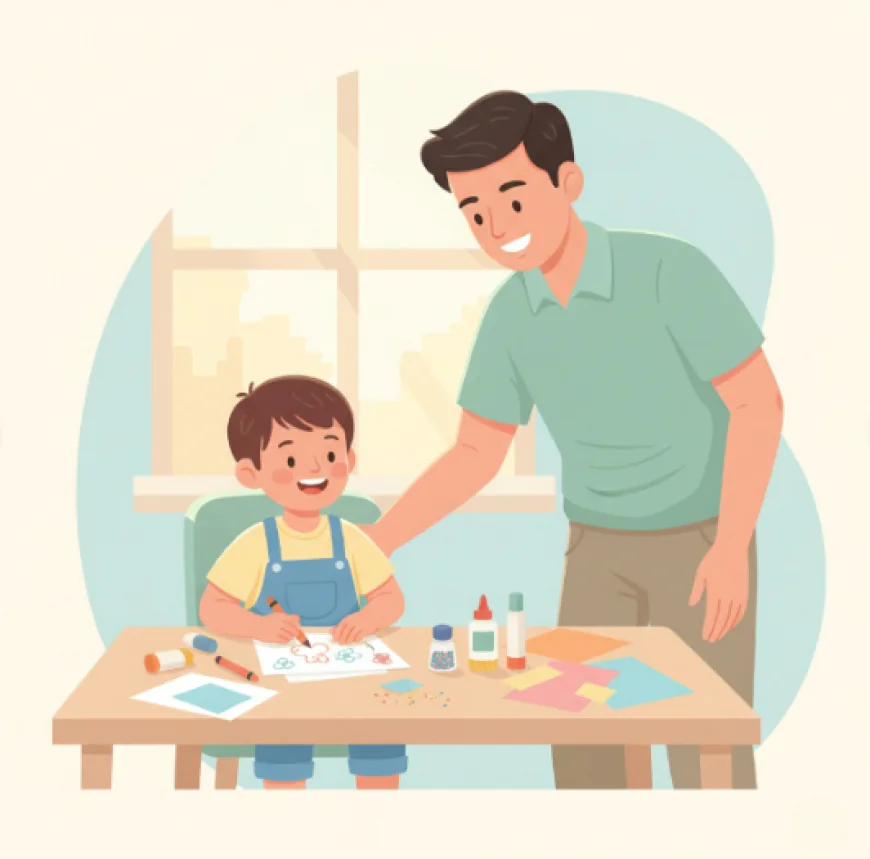 Parent smiling beside a happy child drawing and crafting at home, symbolizing creative learning and emotional support.
