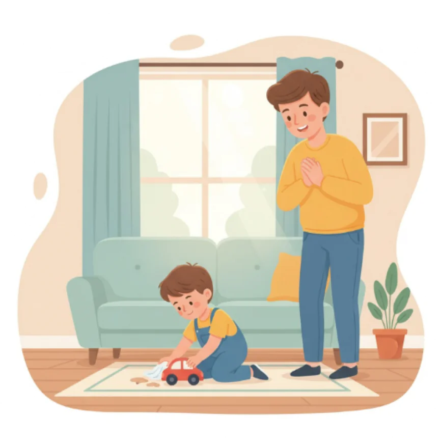 Child cleaning up a small spill while a parent observes supportively, representing independence and problem-solving at home.