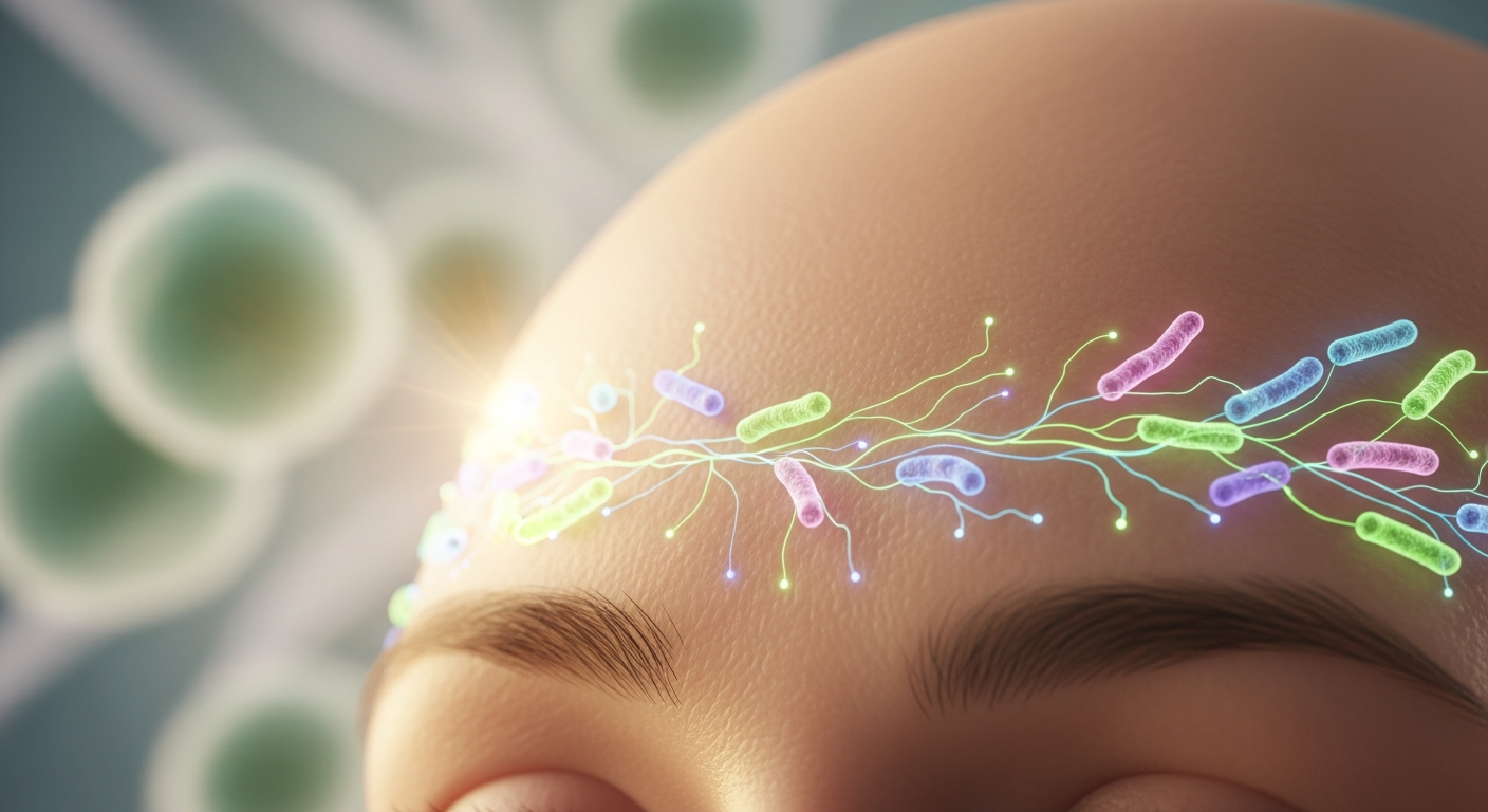 Một giọt serum microbiome trên da với hình ảnh vi khuẩn siêu nhỏ minh họa